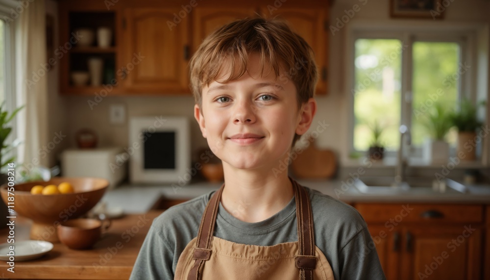 Boy in kitchen with apron, smiling and helping with fruits on table.Family. Helping hands. Childhood. Learning.Family kitchen, child helping, cooking together, parent-child bonding. Boy in kitchen with apron, smiling and helping with fruits on table.Family. Helping hands. Childhood. Learning.Family kitchen, child helping, cooking together, parent-child bonding.