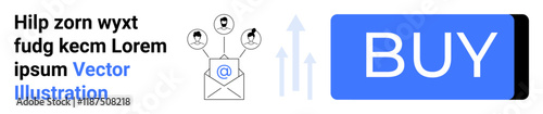 Email envelope with user icons, social media connections, and large BUY button. Ideal for marketing, e-commerce, communication, social media, customer engagement, online shopping, web development