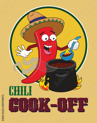 A cartoon chili pepper enjoys some chili.