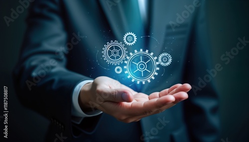 Business person displays tech system concept. Hands hold digital gears. Shows efficient process. Modern business operation in progress. Improvement strategy, growth. Tech innovation for better