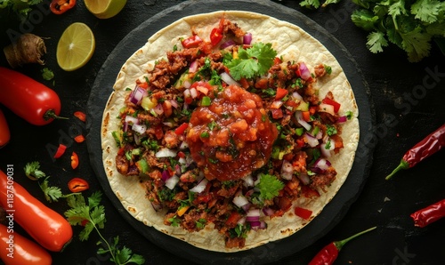 Wallpaper Mural Overhead shot of a taco al pastor with a giant squeezy kiss of salsa on top, flavorful, toppings Torontodigital.ca