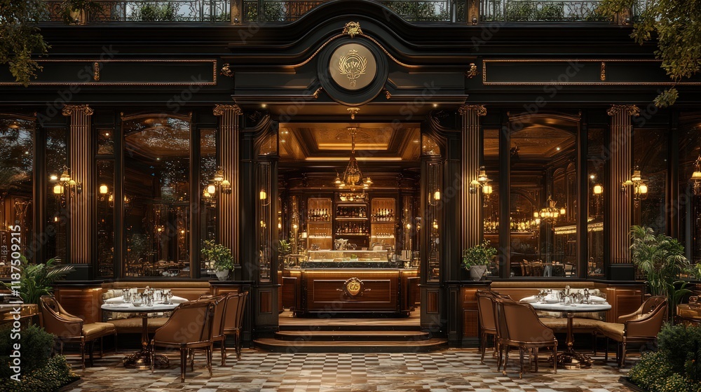 Fototapeta premium Elegant restaurant exterior with patio seating, dark wood accents, and large windows.