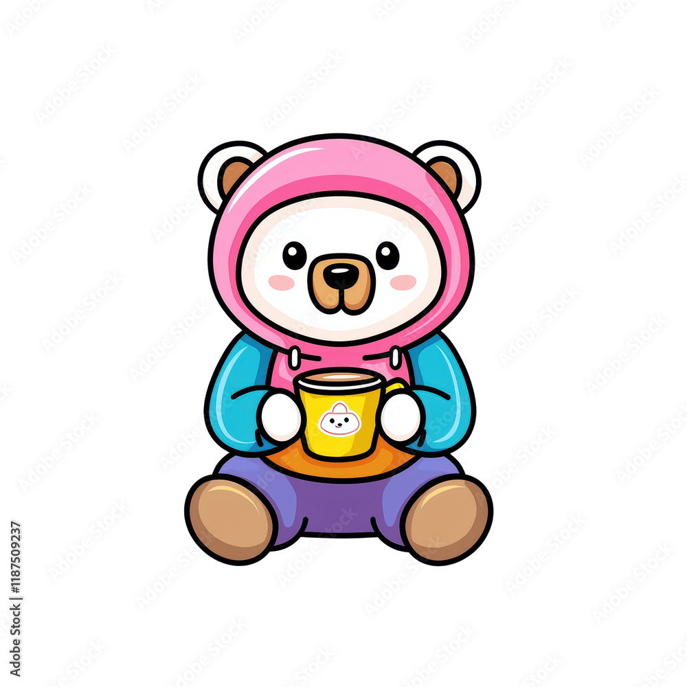Naklejka premium Cute Bear Character with a Warm Drink in Hand