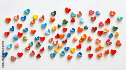 A collection of colorful heart-shaped stickers scattered on a white desk.