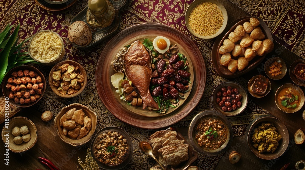 Diverse assortment of Asian dishes, featuring various curries, meats, and sides, arranged on a richly patterned tablecloth. Diverse assortment of Asian dishes, featuring various curries, meats, and sides, arranged on a richly patterned tablecloth.