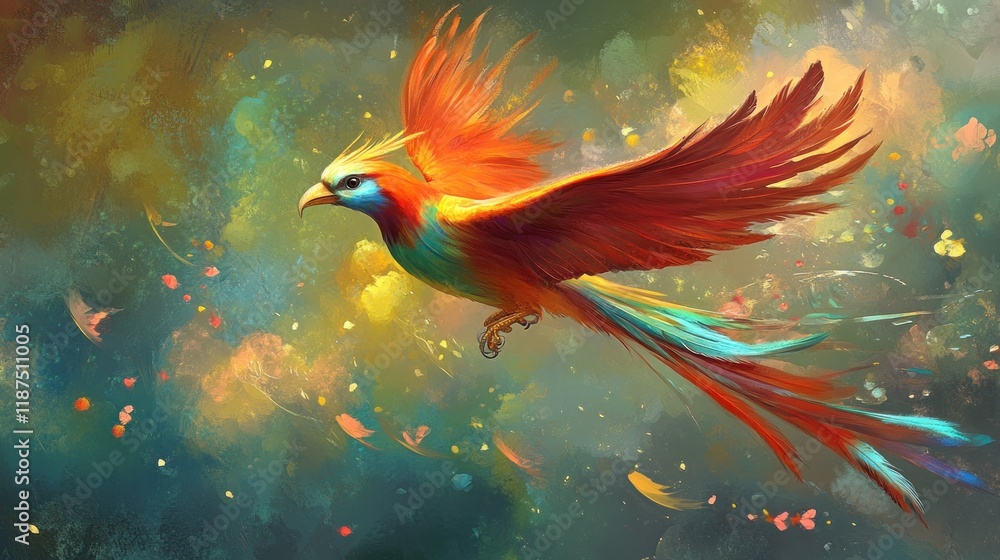 Fototapeta premium A vibrant phoenix soaring through a colorful sky.