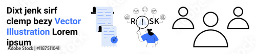 Business documents, risk management concept with a magnifying glass, and three human outlines. Ideal for corporate presentations, project planning, team collaboration, risk assessment, business