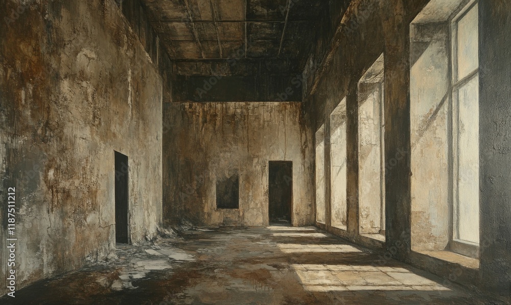 Fototapeta premium Muted, textured walls with a mix of grey and brown hues, resembling an old, abandoned building, architecture, brown, texture