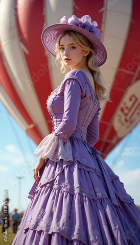 Victorian Woman with Hot Air Balloon on a Sunny Day photo