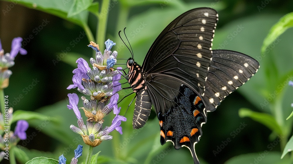 A zoomed-in picture of a butterfly resting on a plant with vibrant purple blossoms in the foreground and lush green foliage in the background A zoomed-in picture of a butterfly resting on a plant with vibrant purple blossoms in the foreground and lush green foliage in the background