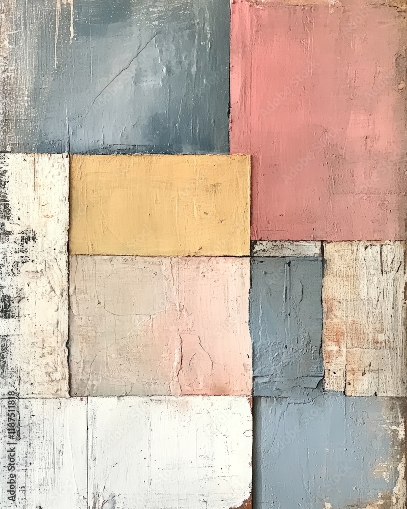 Naklejka premium Abstract art piece featuring a grid of pastel-colored, textured wood panels with visible brushstrokes and distressed edges.