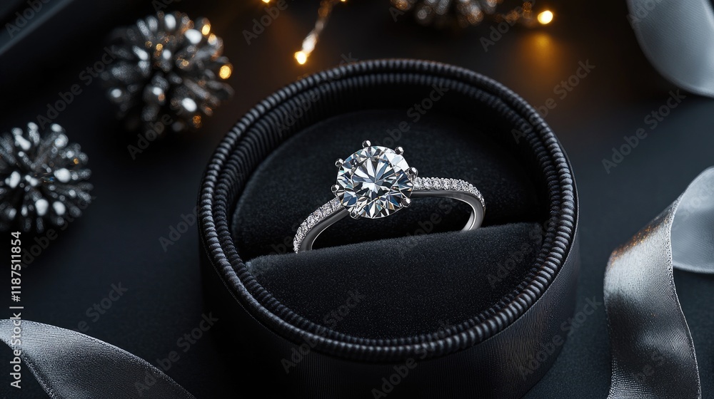 Fototapeta premium A luxury diamond ring in an open box with ribbons and decorative accents around it.