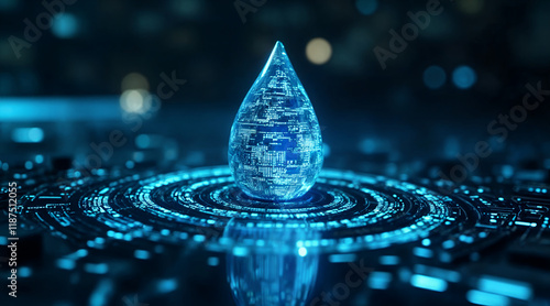 Digital Waterdrop Symbolizing Innovation, Technology, and Environmental Sustainability photo