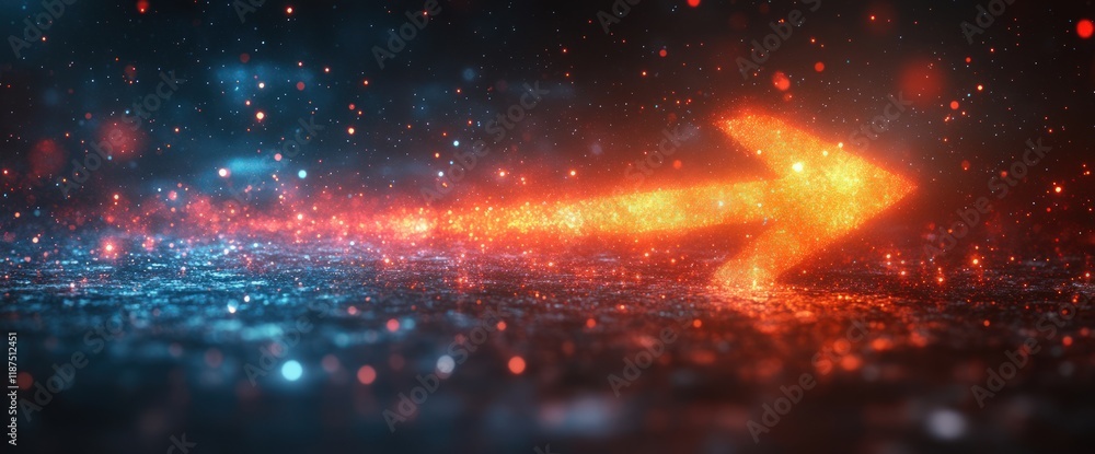 Fototapeta premium Fiery arrow pointing right on a dark, glittering background.