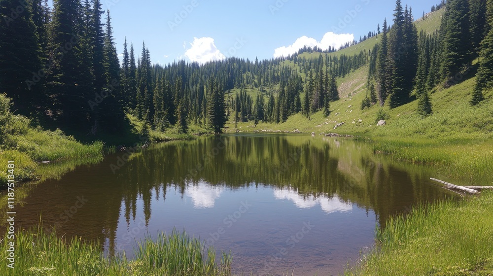 A pristine natural pond in a quiet forest, reflecting tall green trees. A pristine natural pond in a quiet forest, reflecting tall green trees.
