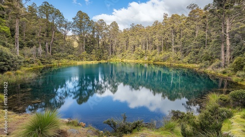 A pristine natural pond framed by trees and vibrant vegetation in a quiet forest.