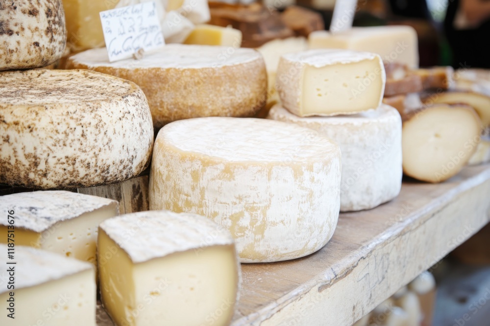 Assorted Cheeses Displayed On Wooden Table Assorted Cheeses Displayed On Wooden Table