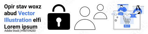 Lock representing security, abstract user icons, shopping cart scene with BUY button. Ideal for cybersecurity, e-commerce, user management, online transactions, digital identity, privacy internet