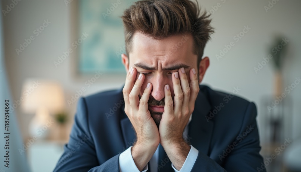 A young man in a dark suit sits with his hands on his face, conveying deep frustration and stress in a modern office setting. The image captures the weight of professional pressures, highlighting the A young man in a dark suit sits with his hands on his face, conveying deep frustration and stress in a modern office setting. The image captures the weight of professional pressures, highlighting the