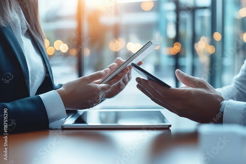 Business professionals discussing investment strategies on tablet in modern office setting photo