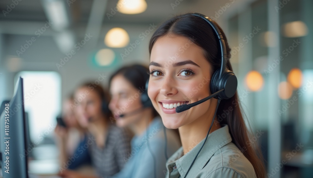 A cheerful young woman with long dark hair wears a headset, radiating positivity in a busy call center environment. Her bright smile reflects professionalism and approachability, embodying the spirit A cheerful young woman with long dark hair wears a headset, radiating positivity in a busy call center environment. Her bright smile reflects professionalism and approachability, embodying the spirit