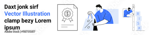 Wallpaper Mural Certificate with money symbol, person holding shopping bags, and man climbing risk ladder. Ideal for business, finance, marketing, e-commerce, consumer behavior, risk management success planning Torontodigital.ca