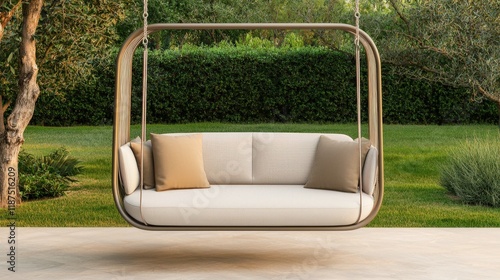 Furniture trendy luxury and innovative, A modern, suspended outdoor sofa with soft cushions, set against a lush green garden backdrop. photo