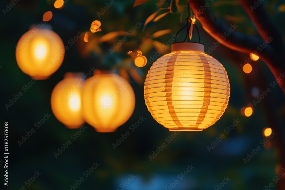 Illuminated Paper Lanterns Hanging From Tree Branches At Night Illuminated Paper Lanterns Hanging From Tree Branches At Night