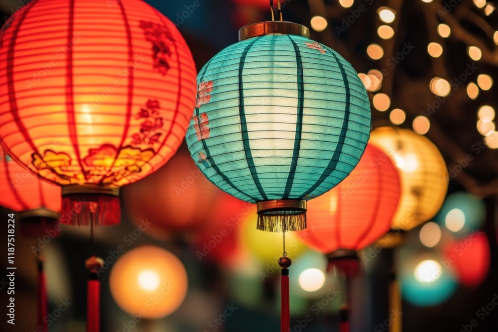 Obraz premium Illuminated Asian Paper Lanterns Hanging Festive Decor
