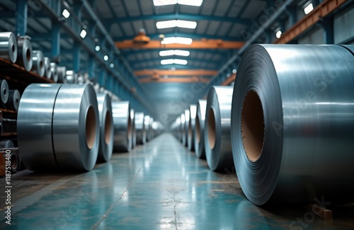 Industrial warehouse interior. Many rolls of galvanized steel sheets neatly stacked, stored. Metal coils arranged in rows. Warehouse environment. Steel manufacturing plant. Heavy metal industry. photo