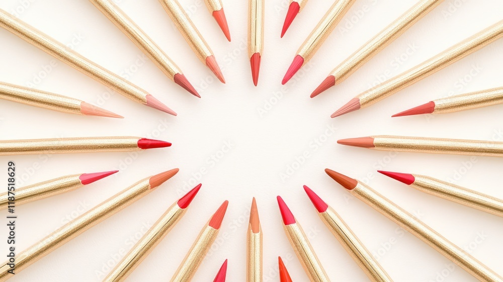 Lip liner pencils neatly arranged on a white background in a radial pattern.