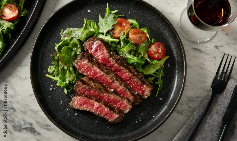 Pan-seared beef steak with a side of mixed greens salad , juicy, mealtime Pan-seared beef steak with a side of mixed greens salad , juicy, mealtime