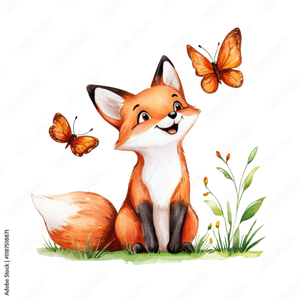 Obraz premium Cute Fox with Butterflies and Grassy Background