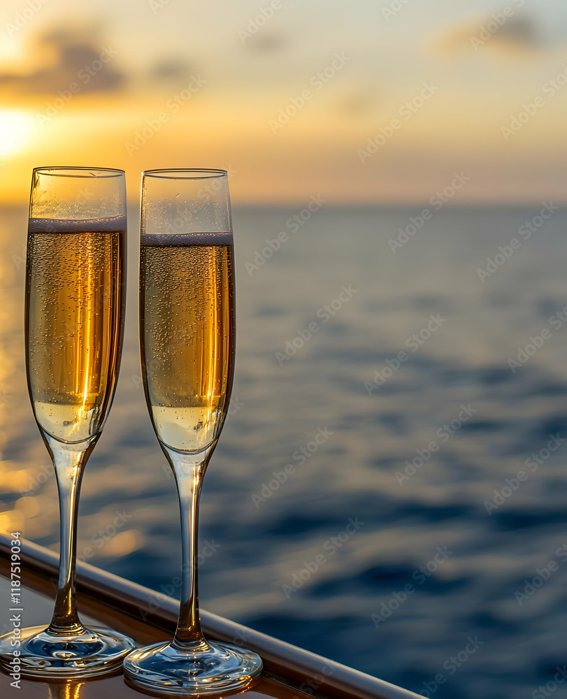 Two champagne glasses on a table with a sunset over the ocean in the background. Two champagne glasses on a table with a sunset over the ocean in the background.