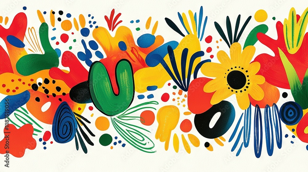 Fototapeta premium A stunning painting depicts vibrant flowers and foliage against a pure white backdrop, framed by a bold black circle at its focal point