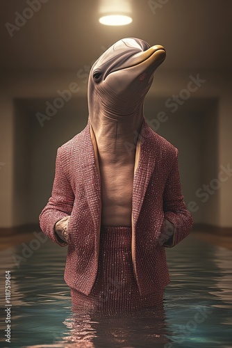 A surreal figure of a humanoid dolphin wearing a stylish suit stands in a shallow pool, blending animal and human characteristics in an artistic setting.