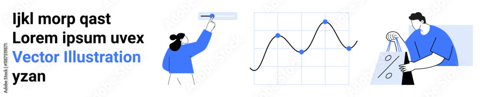 Person presenting data on graph board, another person shopping holding bag with percentage symbol. Ideal for business strategies, presentations, marketing, data analysis, teamwork, e-commerce Person presenting data on graph board, another person shopping holding bag with percentage symbol. Ideal for business strategies, presentations, marketing, data analysis, teamwork, e-commerce