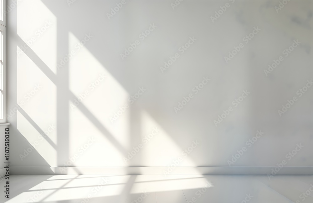 Fototapeta premium Empty studio interior with white wall, floor. Sunlight casts soft shadows from window. Ideal background for product presentation. Minimalist design with modern aesthetic. Blank space for text product