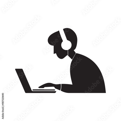 silhouette of a person wearing headphones, typing on a laptop