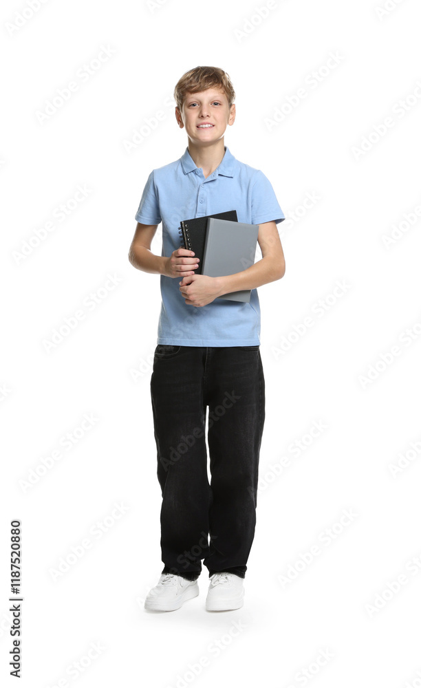 Full length portrait of teenage boy with books on white background Full length portrait of teenage boy with books on white background