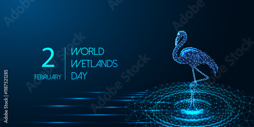 World Wetlands Day concept banner with glowing flamingo standing in water on dark blue background.