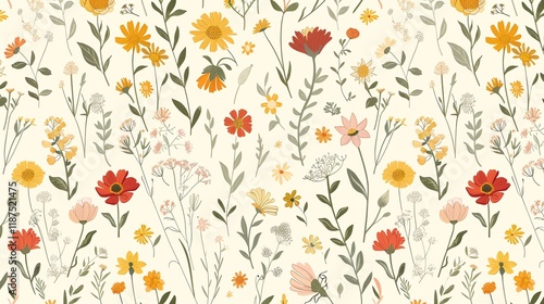 A seamless pattern of colorful flowers and leaves.
