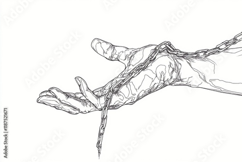 Line art illustration of a hand bound by a chain symbolizing restriction oppression or struggle with minimalist detail photo