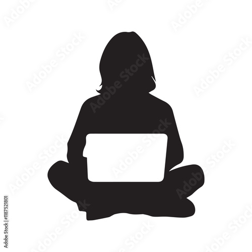 ector silhoutte of a person sitting cross-legged with a laptop on lap