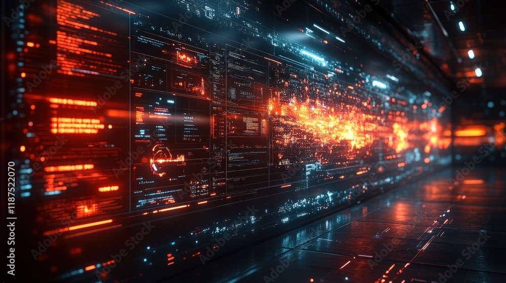 Futuristic digital data stream flowing through a dark corridor. Futuristic digital data stream flowing through a dark corridor.
