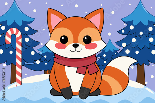 A chubby fox wearing a scarf, sitting under a candy cane tree in a snowy pastel forest