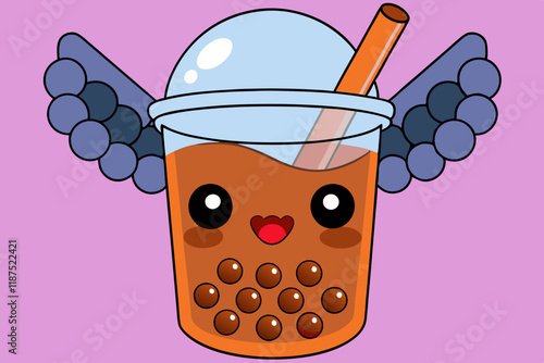 A glass of bubble tea with heart-shaped tapioca pearls, smiling face, and tiny wings