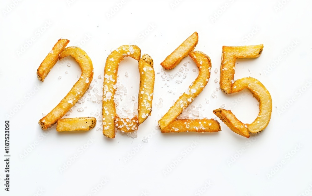 2025 formed with golden French fries, sprinkled with a dash of salt on a clean white background 2025 formed with golden French fries, sprinkled with a dash of salt on a clean white background