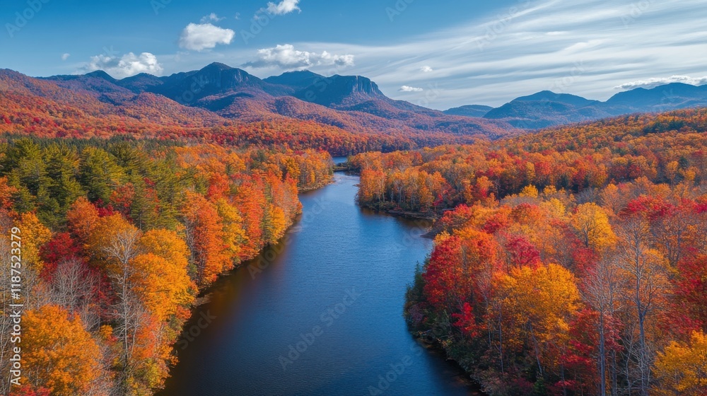 Naklejka premium Aerial view winding river through colorful autumn forest trees and mountain peak landscape