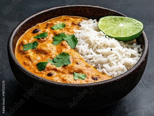 Delicious Indian butter chicken curry with rice and lime